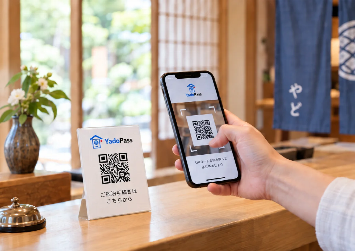 宿の木の受付カウンターで、ゲストがスマートフォンから宿泊者情報の案内を開く様子